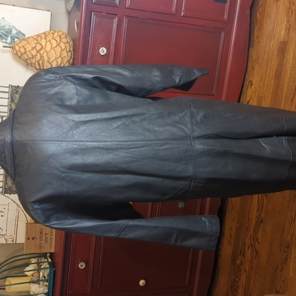 Preston & York vtg long sleek soft black leather Matrix witchy trench coat sz L - Picture 6 of 13